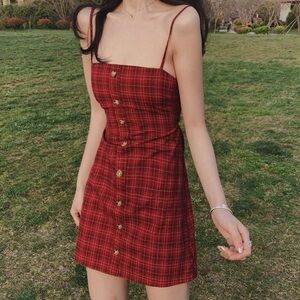 Button Front Tie Back Tartan Cami Dress